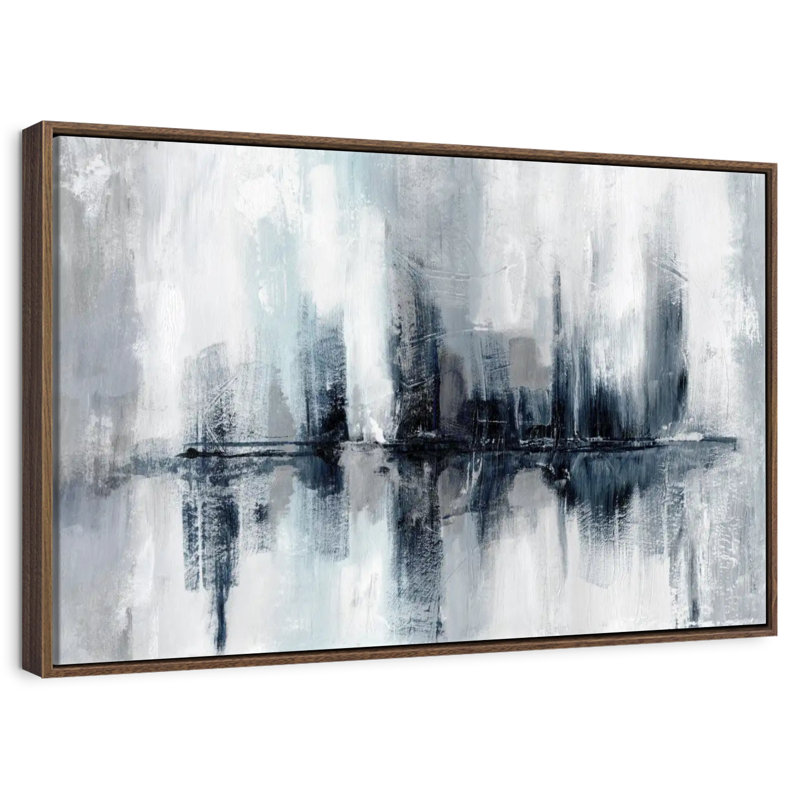 Lumières de port indigo, 46 po x 31 po, Cadre flottant en noyer