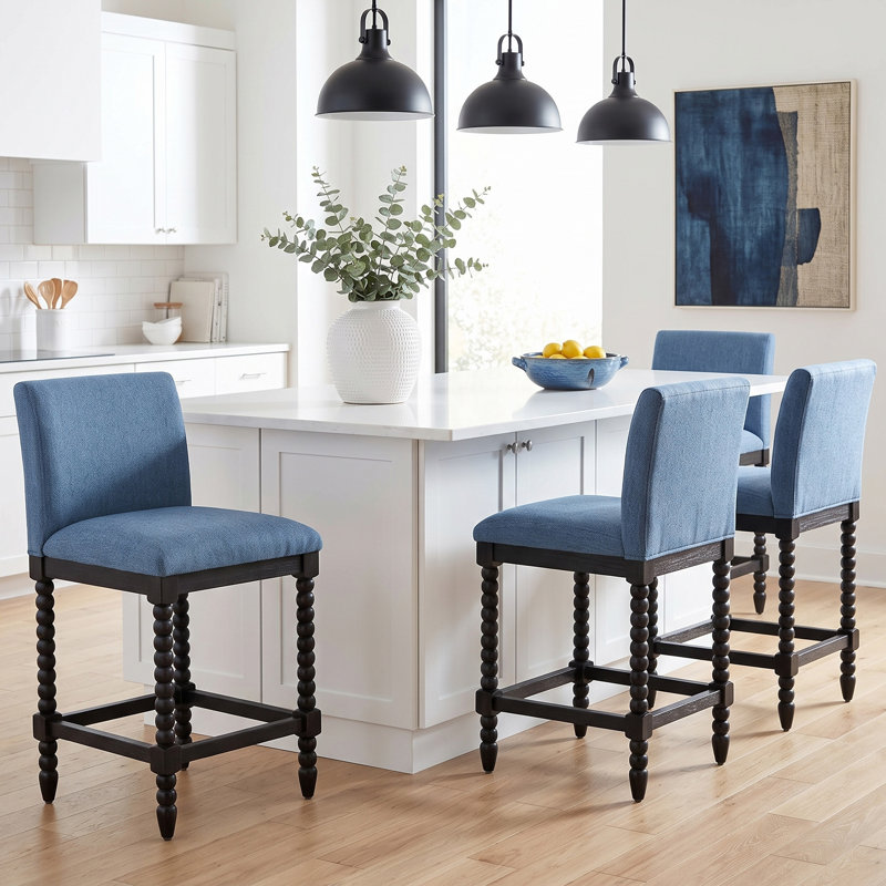 Tabouret de comptoir Carollyn, Noir / chenille-bleu
