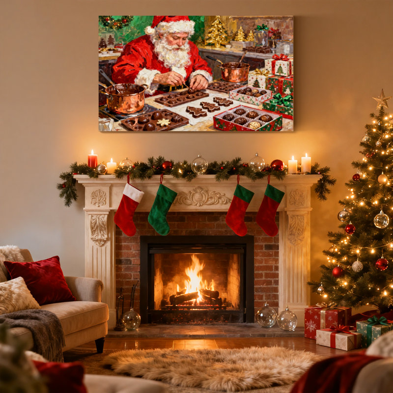 Ensemble de 3 impressions sur toile de Noël, père Noël faisant des biscuits au chocolat, scène de Noël, H 20 po x l 30 po