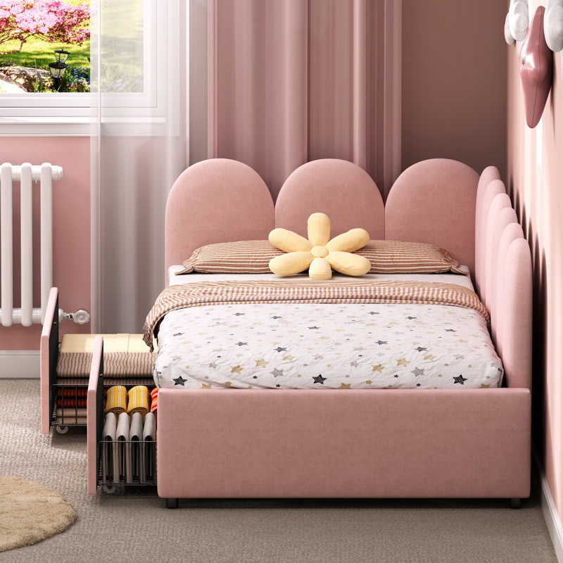 Velvet Upholstered Daybed With Storage - Convertible Sofa Bed With 2 Drawers, Pink