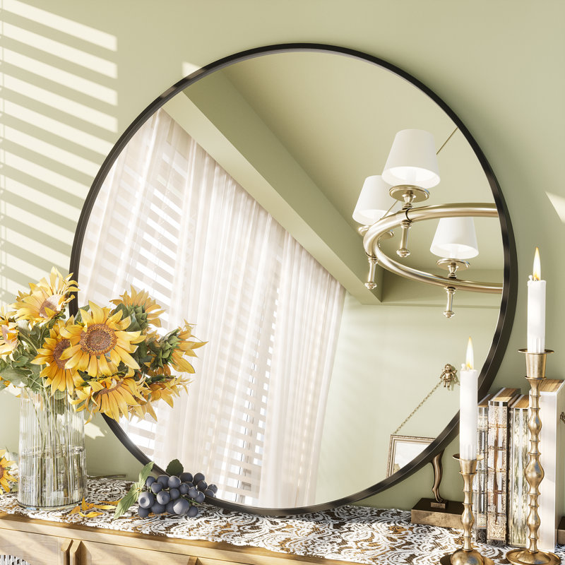 Molly Easy French Cleat Mounting Metal Alloy Wall Round Vanity And Dresser Bathroom Mirror, Black, 24" x 24"