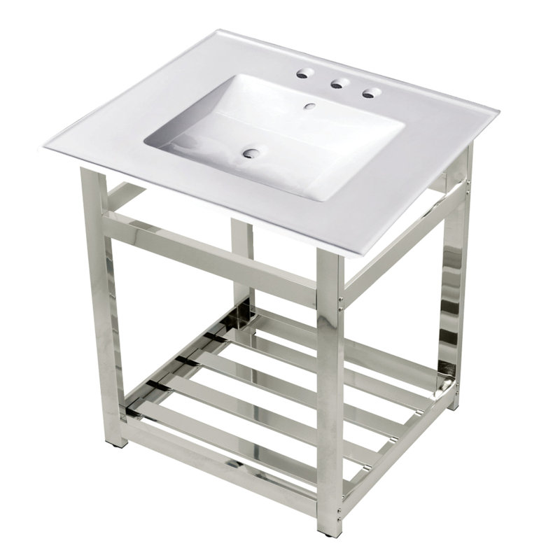 Lavabo de salle de bain console en céramique avec trop-plein, Nickel poli / blanc, 4" Centres