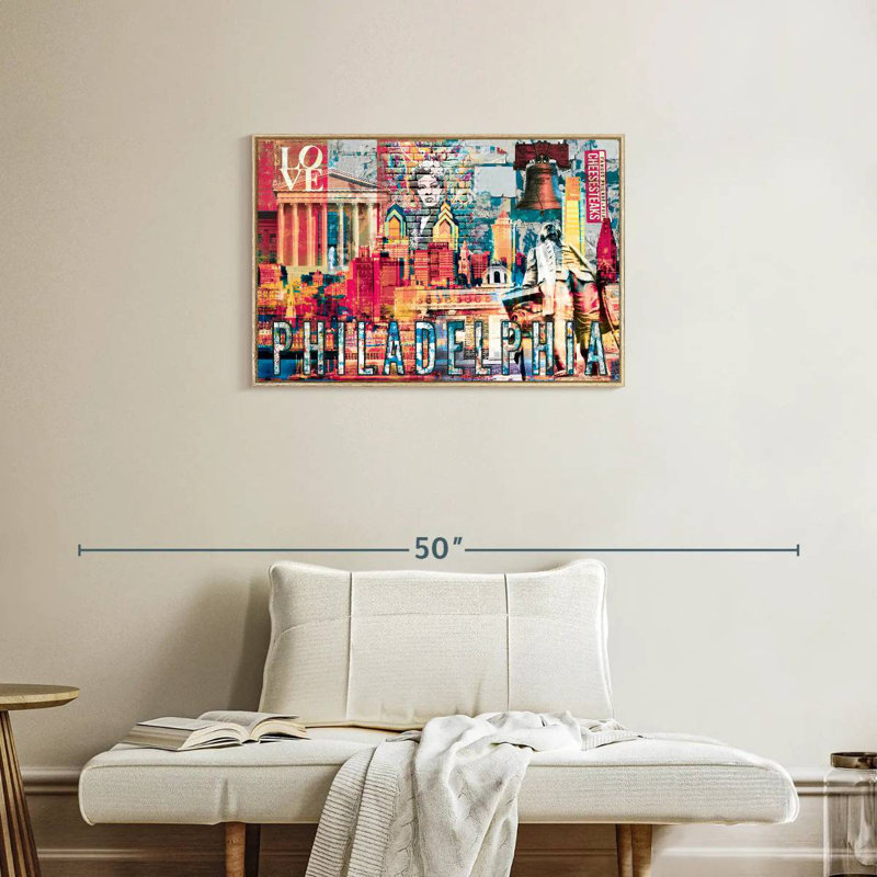 Monuments de Philadelphie, grunge, Cadre flottant en bois naturel, 46 po x 31 po