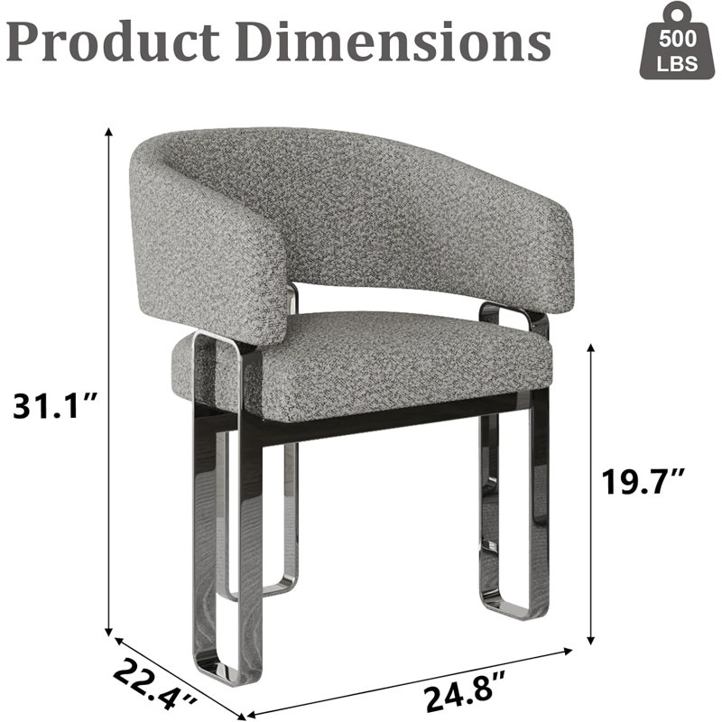 Chaise de salle à manger simple en argent gris, fauteuil rembourré gris avec pieds argentés