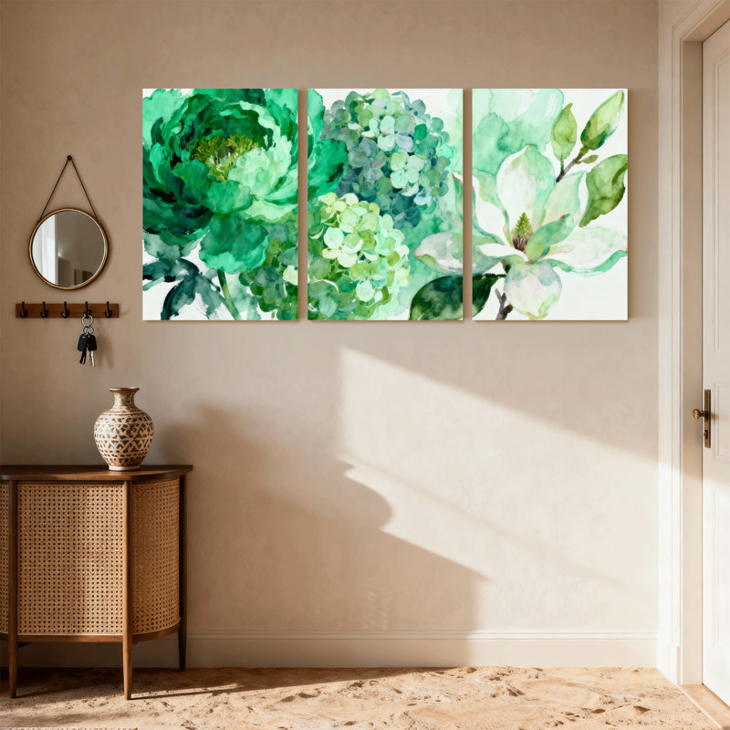 Plantes et fleurs, art floral aquarelle vert, ensemble de 3 impressions sur toile, H 18 po x l 36 po