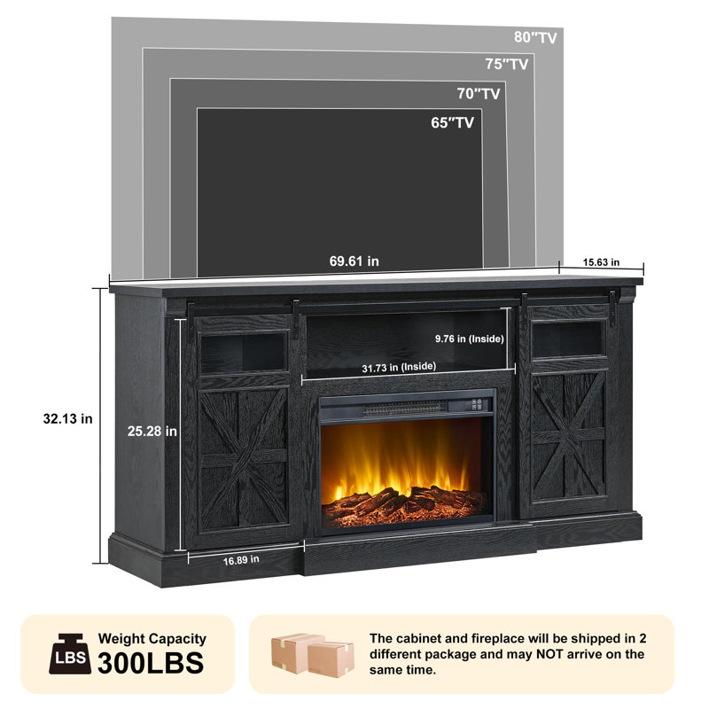 Farmhouse Fireplace TV Stand – 32’’ Tall LED Entertainment Center, Fits 80 Inch Tvs, With Electric Fireplace & Sliding Barn Door/Window,Black Woodgrain