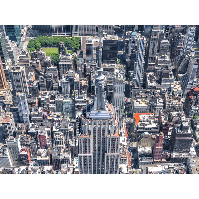 Empire State Building By Helicopter Print by Richard Silver, Black Framed Canvas, 32" H x 24" W