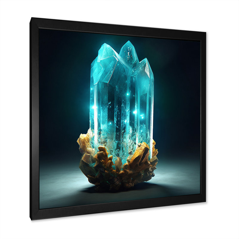 Turquoise, pierres vibrantes dorées sur toile, H 16 po x l 16 po x P 1 po, Cadre simple noir