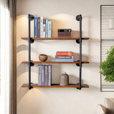 Industrial Wall Mounted Pipe Shelving,Rustic Metal Floating Shelves,Steampunk Real Wood Bookcases,DIY Bookshelf Hanging Shelves,Farmhouse Kitchen Bar Office Home Storage (4-Tier With 3 Boards,36In)