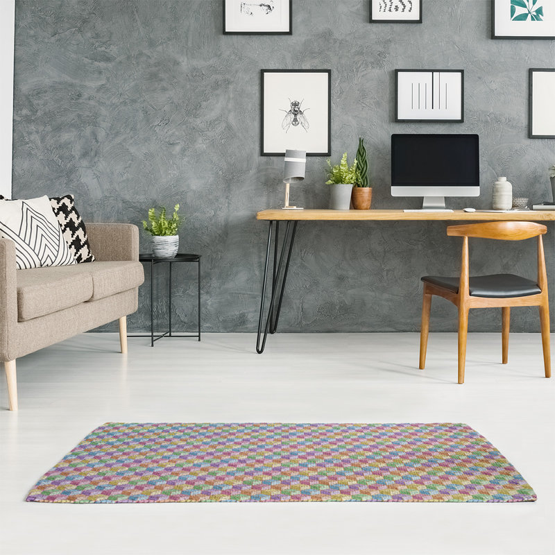 Tapis cube bleu clair/jaune/prune, Rectangle 4 pi x 6 pi