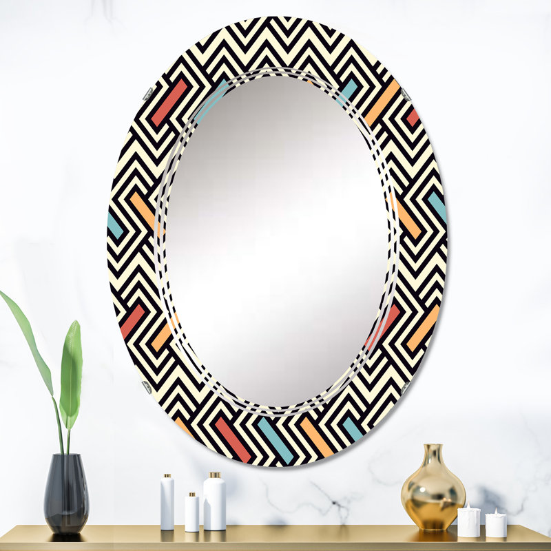 Zigzag noir et blanc avec miroir mural rouge, bleu et orange, 36 po x 24 po