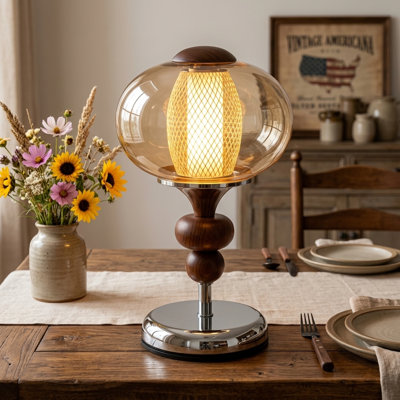 Vintage Cordless Bauhaus Table Lamp with Amber Glasas Lampshade