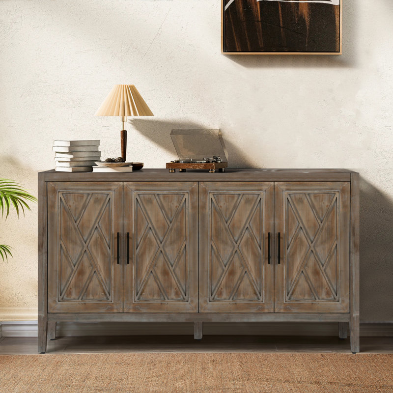 Armoire décorative de style campagnard 60 pouces avec 4 portes et une tablette réglable en bois avec buffet et console avec crédence pour la salle à manger, le vestibule et le vestibule (brun antique)