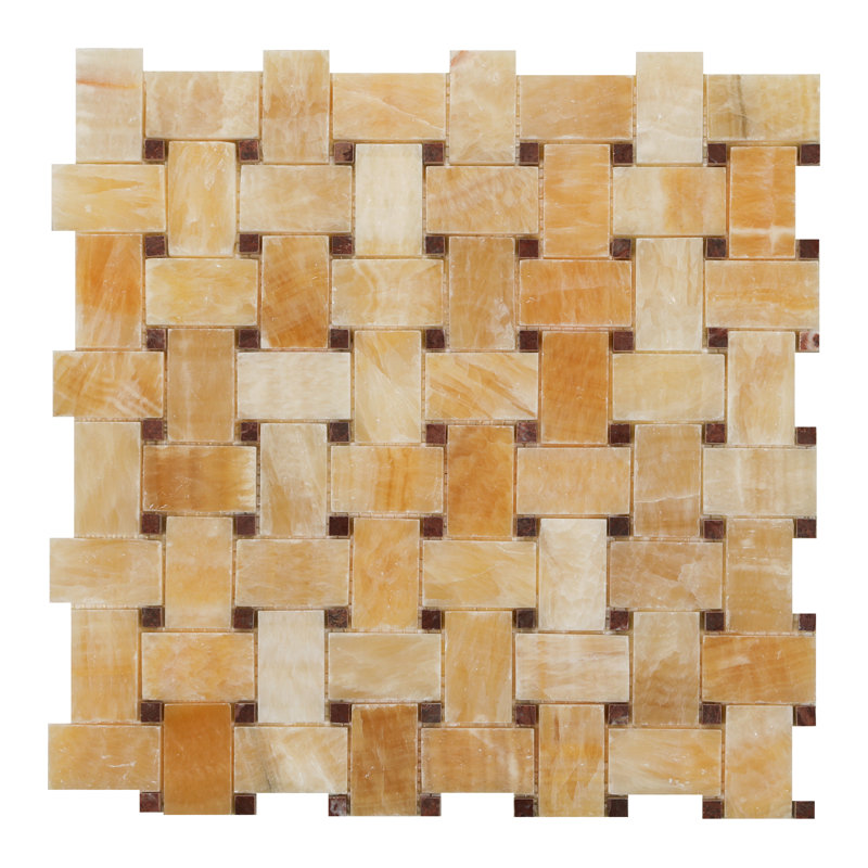 13" x 13" Honey Onyx Marble Basketweave Mosaic Wall & Floor Tile, Gold/Red