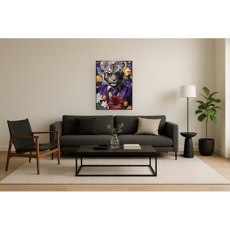 Tigre dans un costume mauve et toile encadrée florale - 30 po x 40 po - cadre noir