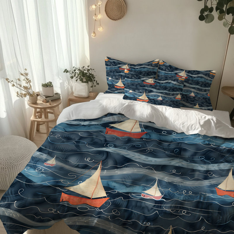 Blue Sailboat Nautical Comforter Set, King Comforter + 2 King Shams