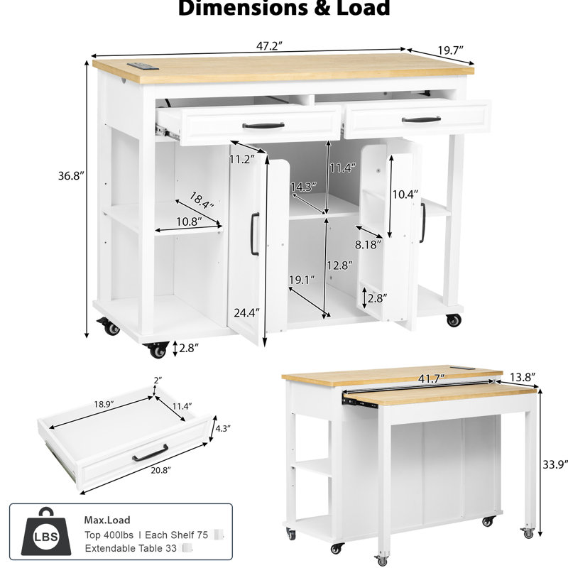 Îlot de cuisine extensible avec comptoir 47,2 X 19,7, plateau en bois d'hévéa, tiroirs de rangement, panneau décoratif, Blanc