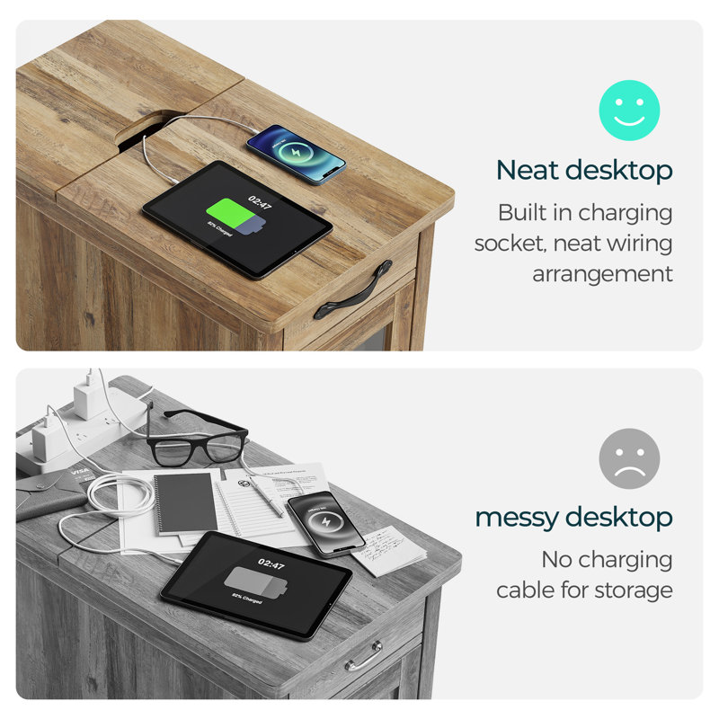 End Table With Storage And Charging Station Set Of 2, Brown
