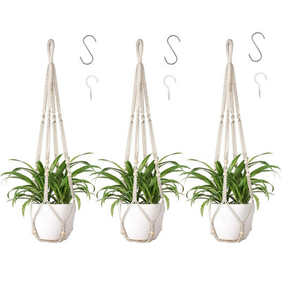 Suspension pour plantes en macramé, support de plante suspendu de 89 cm avec crochet en S et crochet à vis, panier à plantes bohème en corde tressée à la main pour décoration intérieure et extérieure (mur, plafond), pots non inclus (lot de 3).