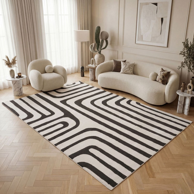 Loft Modern Curved Line Living Room Area Rug and Runner Soft Pile, Runner 80 x 300 cm, Dark Grey/Ivory