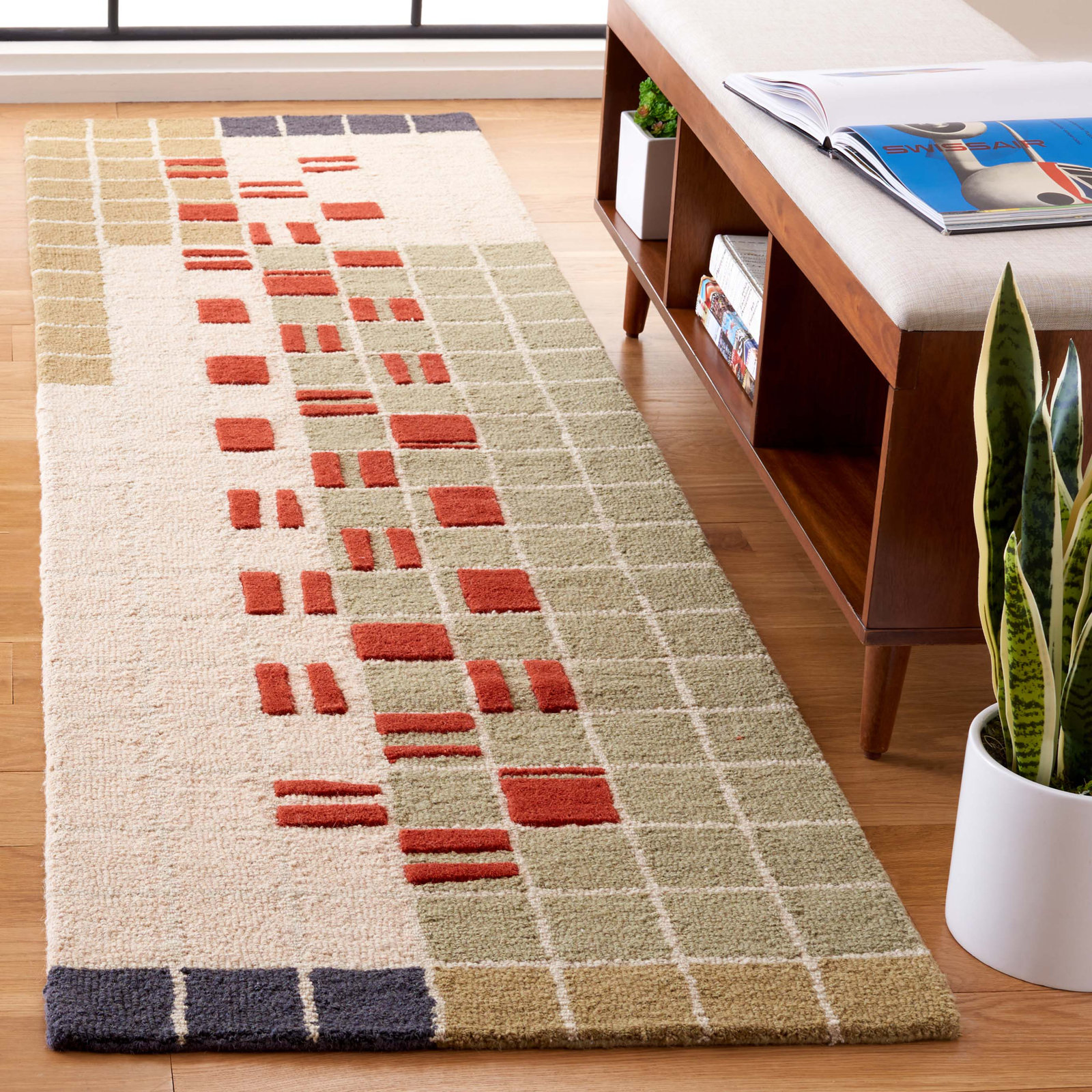 Elswick Gray Red Hand-Tufted Geometric Wool Rug, Runner 2'3" x 9'
