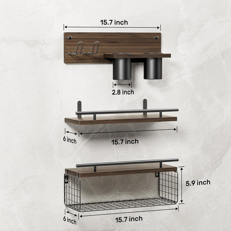 Tablette murale en bois avec rangement pour séchoir au-dessus de la toilette - ensemble de 3