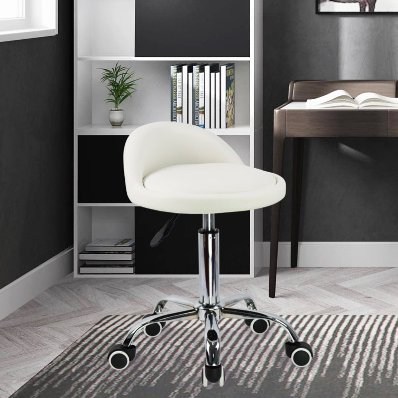 Backed Adjustable Height Ergonomic Lab Stool with Wheels, White