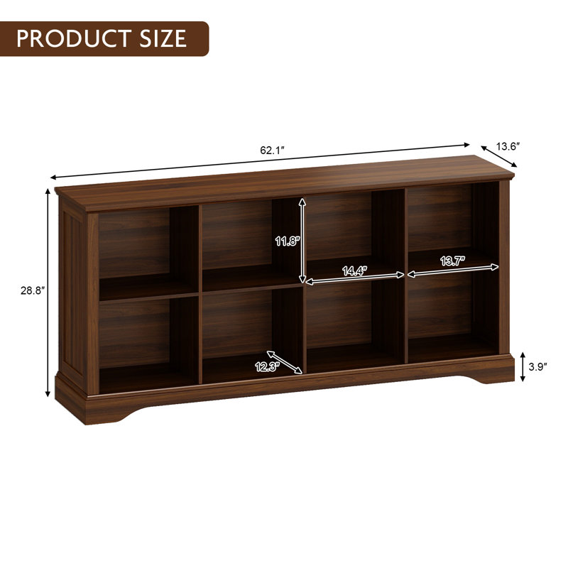 8 - Cube 62"W Storage Bookcase Horizontal Bookshelf Organizer with Anti-tip Hardware, Brown
