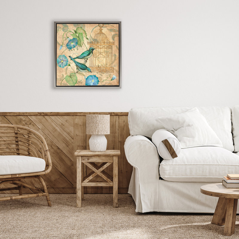Cadre flottant Spring's Song Green Birds, design par Janet Tava, Cadre flottant gris lustré, H 18 po x l 18 po