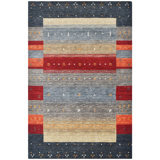 Hand Knotted Wool Area Rug in Black/Gray/Red/Beige