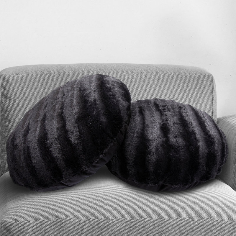 Faux Fur Floor Circular Pillow Cover & Insert, Black