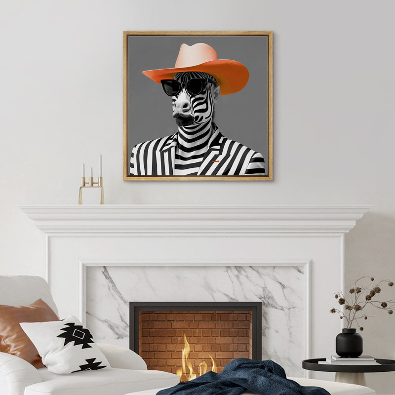 Elegance Fashion Zebra Pattern Black And White Suit And Orange Hat, Natural Floater Frame, 24" H x 24" W