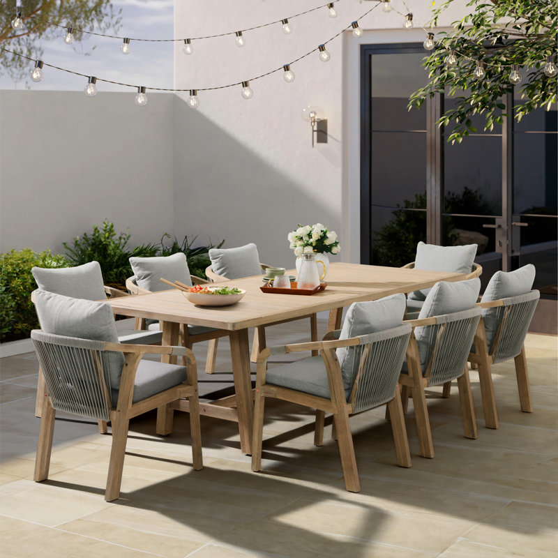 Ensemble repas 8 personnes pour l'extérieur en bois avec coussins, 8, 39.3" H x 90.5" W x 29.9" D, Gris