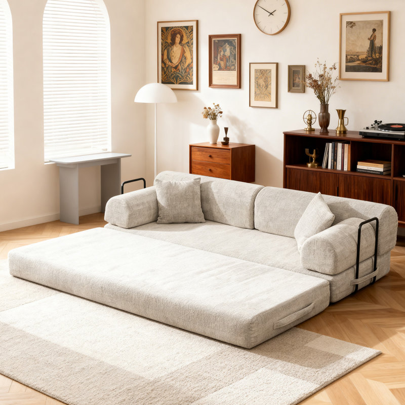 Space-Saving Convertible Sofa Bed with Boucle Fabric and No-Assembly Design