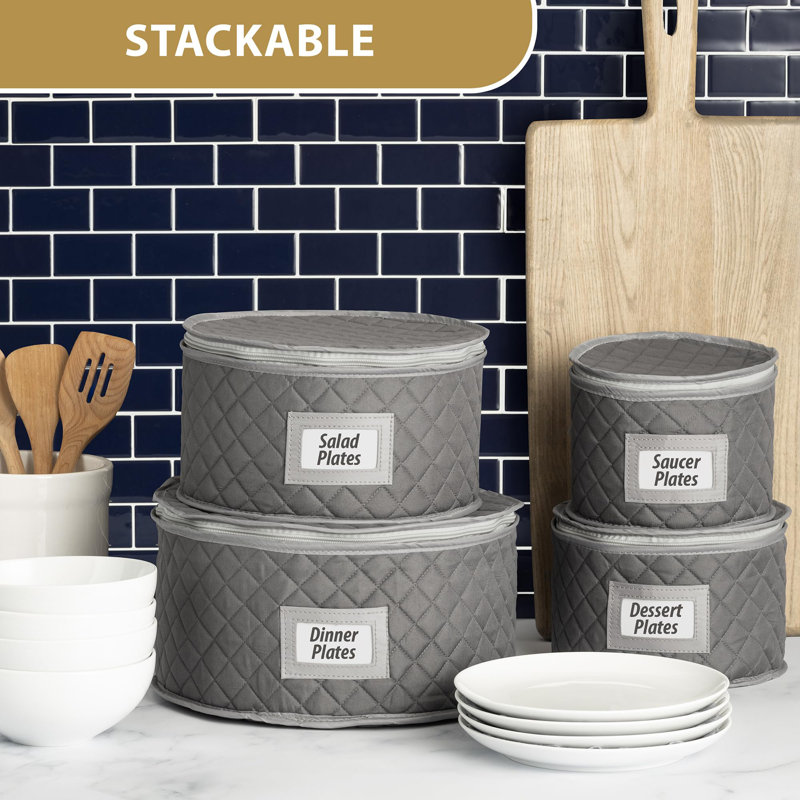 Fine China Storage - Set Of 4 Quilted Cases For Dinnerware Storage. Sizes: 12" - 10" - 8" And 7" Wide - Grey - 48 Felt Plate Separators Included
