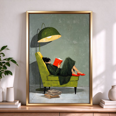 Art mural encadré noir 24 po x 36 po, femme lisant un livre rouge dans un fauteuil vert, style réaliste de peinture à l'huile. Impression sur toile pour le salon, la chambre à coucher