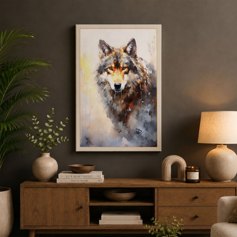 Quiet Wolf In Mist Boho - Print, 30x20 - 76.2 x 50.8 cm, Cream Border