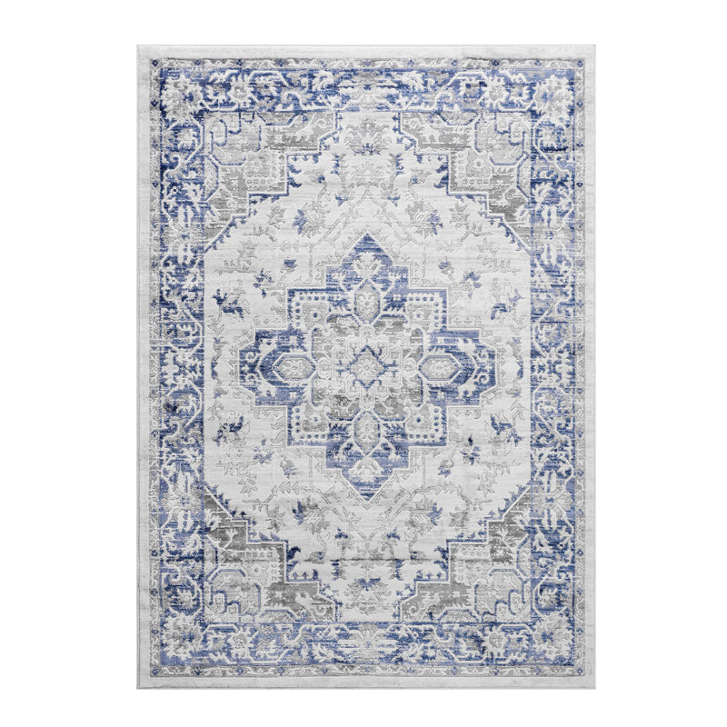 Area Rug, Collection Blue / Grey / Oriental Runner Rug, Rectangle 6'7" x 7'9"