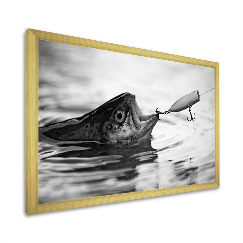 Catching Bass Fish - Fishing Framed Canvas Print Hunting Wall Art, 24" H x 32" W x 1" D, Gold Single Picture Framed
