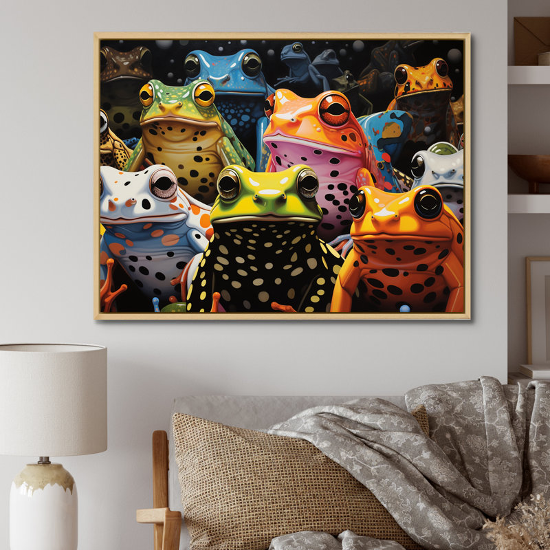 " Multicolor Pop Art Frogs ", Natural Floater Framed, 24" H x 32" W x 1" D