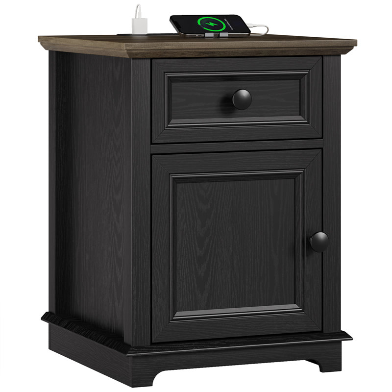 Branimir 1-Drawer Nightstands with Storage and Built-In Outlets, Black, individual