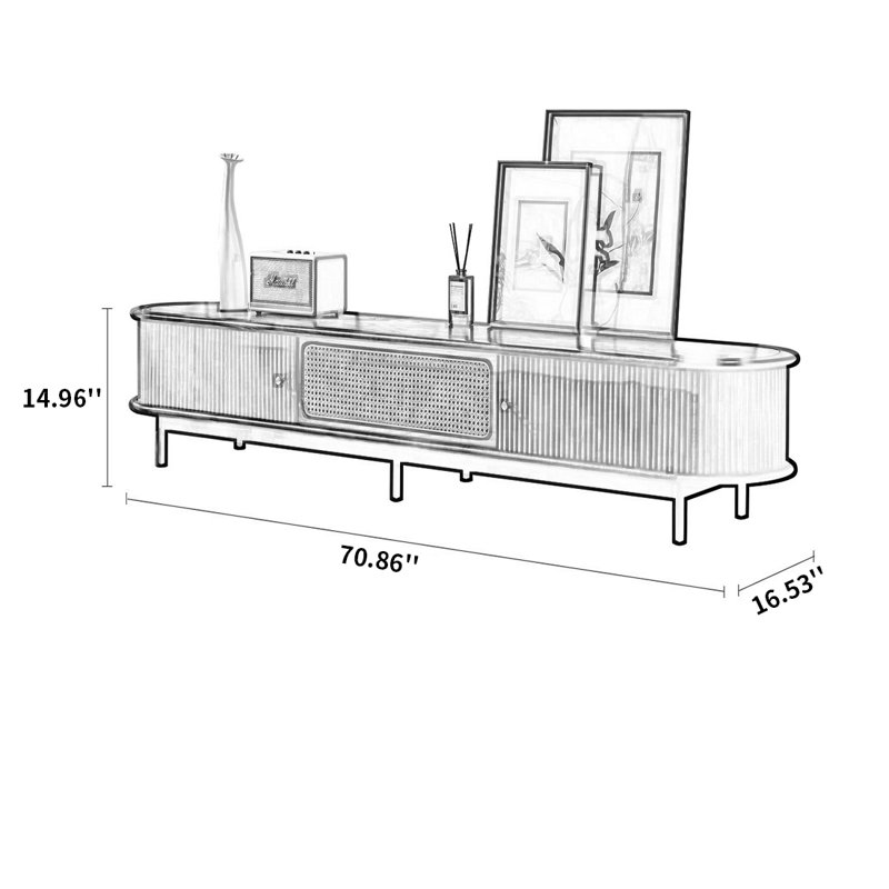 Meuble télé en bois de frêne de haute qualité avec tiroir en rotin, H 14,96 po x L 70,86 po x l 16,53 po, Bois robuste / noir