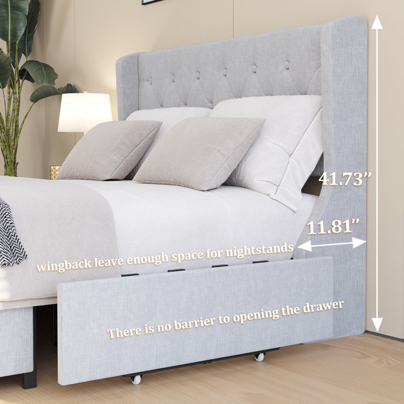 Size Bed Frame With 4 Storage Drawers And Wingback Headboard, Button Tufted Design,, Grey, Full