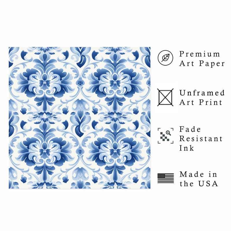 Abstract Blue Damask Pattern IV Classical Unframed Art Print, 28" H x 28" W