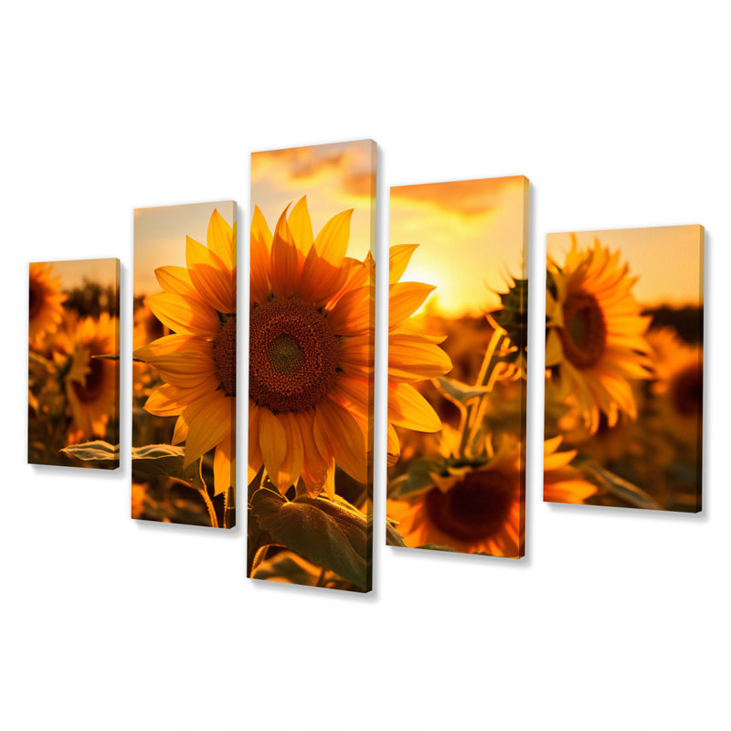 «Yellow Sunflowers Field Sunrise I», reproduction d'art sur toile florale - 5 panneaux