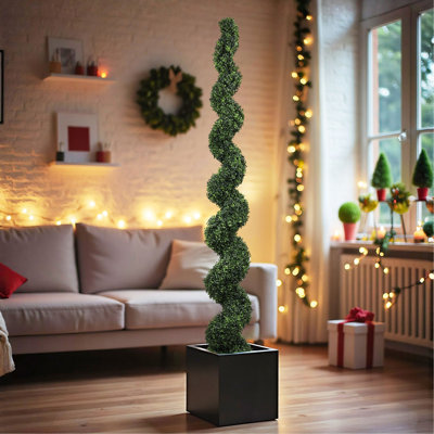 Topiaire en spirale de 7 pi avec fausses plantes de buis artificielles pour l'extérieur, grandes tiges vertes torsadées avec des feuilles pour la décoration du jardin de la véranda, 1pc / ensemble