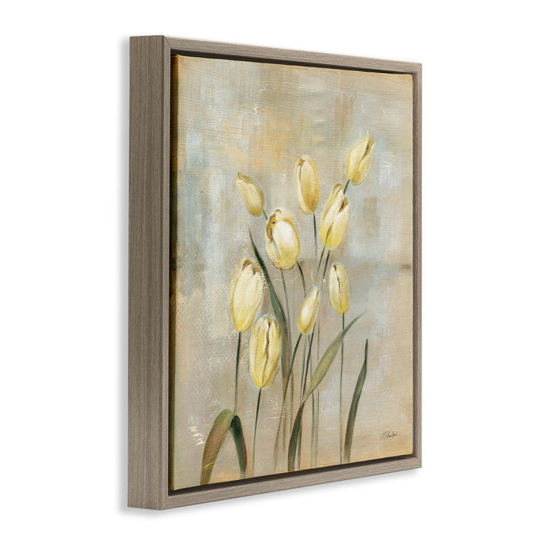 "Tulipes jaunes sur toile grise encadrée" par Silvia Vassileva, Cadre flottant orme Montalcino, H 18 po x l 18 po