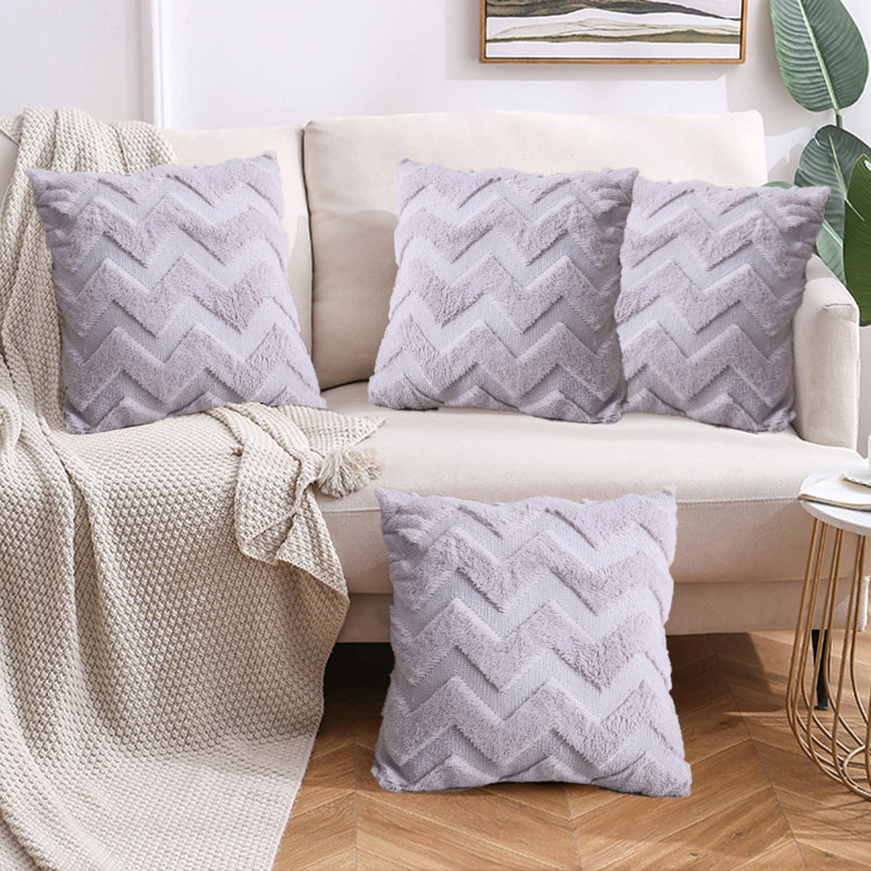 Housse de coussin géométrique en fausse fourrure, Gris