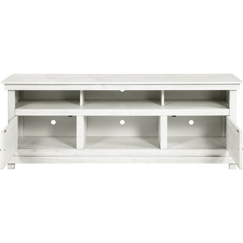 Meuble télé blanc vieilli de 70 po de largeur avec six compartiments pour organiser vos articles de divertissement et vos accessoires multimédias
