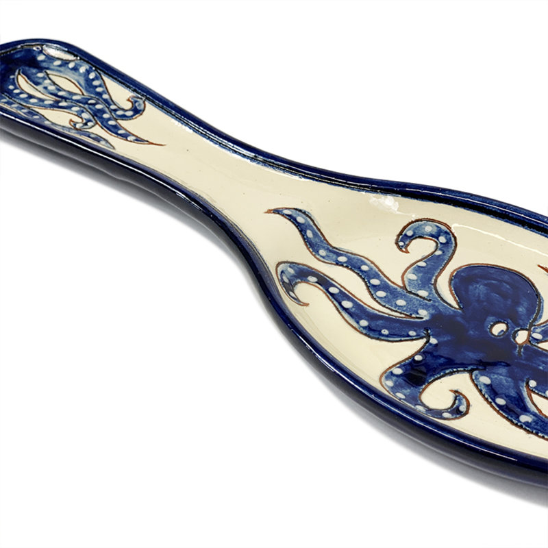 Ceramic / Porcelain Free Form Spoon Rest, White/Blue